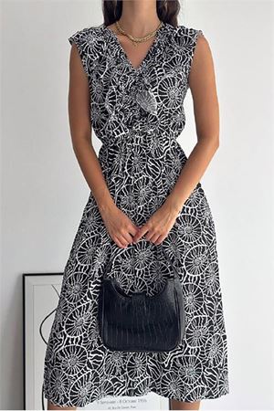 Neşeli butik kadın yazlık V-yaka desenli viskon elbise KKLF20