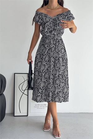 Neşeli butik kadın yazlık V-yaka desenli viskon elbise KKLF20