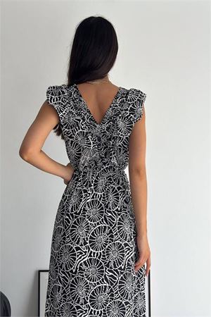 Neşeli butik kadın yazlık V-yaka desenli viskon elbise KKLF20