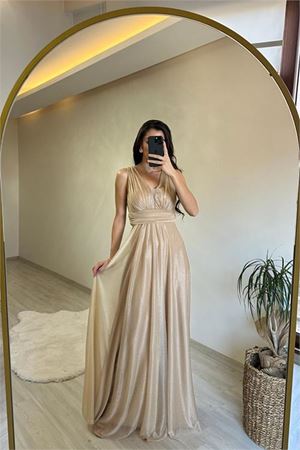 Neşeli butik kadın drapeli ışıltılı kalın askılı abiye elbise NM003