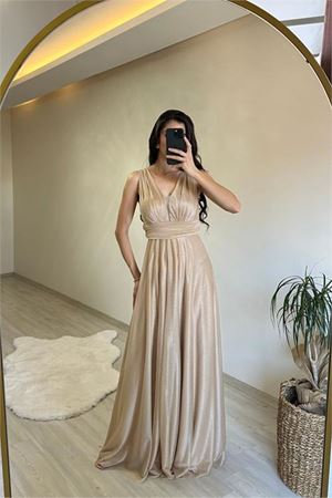 Neşeli butik kadın drapeli ışıltılı kalın askılı abiye elbise NM003