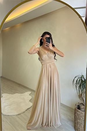 Neşeli butik kadın drapeli ışıltılı kalın askılı abiye elbise NM003