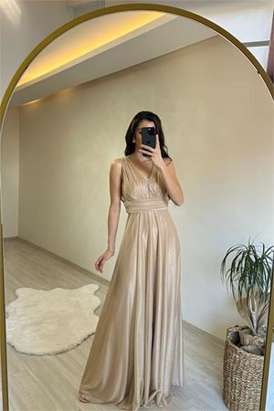 Neşeli butik kadın drapeli ışıltılı kalın askılı abiye elbise NM003