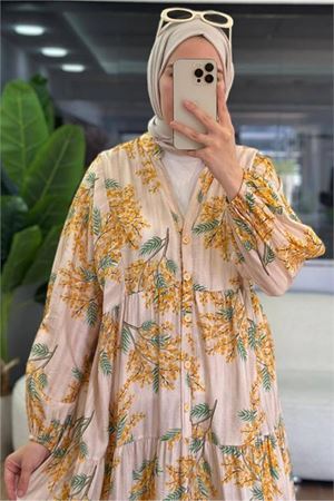 Neşeli butik kadın sarı hakim yaka düğmeli viskon çiçek desenli tesettür elbise NMS099