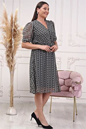 Neşeli butik kadın kruvaze yaka midi boy büyük beden desenli şifon elbise NB80622
