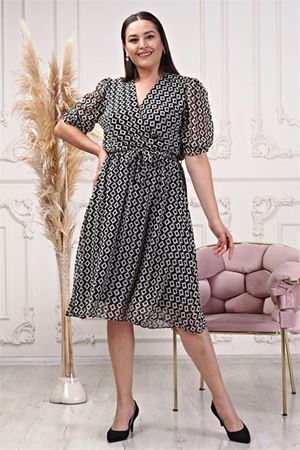 Neşeli butik kadın kruvaze yaka midi boy büyük beden desenli şifon elbise NB80622