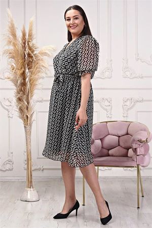 Neşeli butik kadın kruvaze yaka midi boy büyük beden desenli şifon elbise NB80622