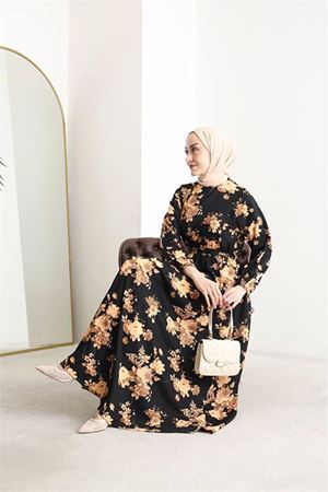 Neşeli butik kadın ithal kumaş tesettür şifon elbise SMS026 - Sarı