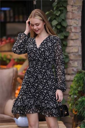 Neşeli butik kadın siyah gipeli eteği fırfırlı desenli mini şifon elbise RSSN21