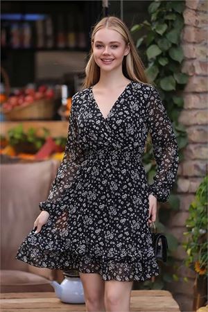 Neşeli butik kadın siyah gipeli eteği fırfırlı desenli mini şifon elbise RSSN21