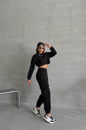 Neşeli butik kadın siyah kargo cepli eşofman takımı NBG041