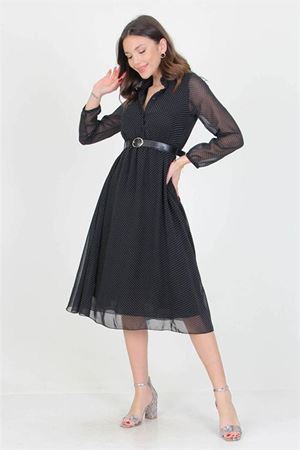 Neşeli butik kadın puantiyeli kemerli gömlek yaka şifon elbise RSSN30