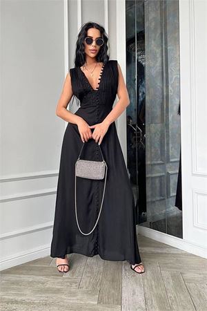 Neşeli butik kadın düğme detaylı kolsuz tasarım elbise NBEMP2774