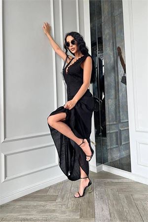 Neşeli butik kadın düğme detaylı kolsuz tasarım elbise NBEMP2774