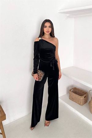 Neşeli butik kadın siyah kuşaklı tek omuz kadife kumaş tulum NBK068