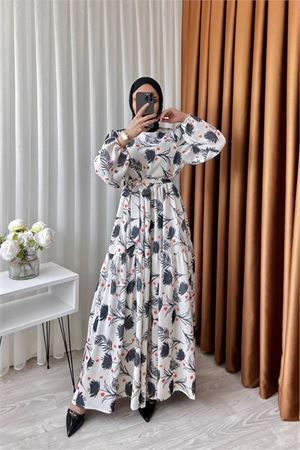 Neşeli butik kadın keten desenli tesettür elbise SMS002 - Siyah