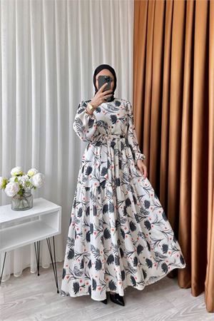 Neşeli butik kadın keten desenli tesettür elbise SMS002 - Siyah