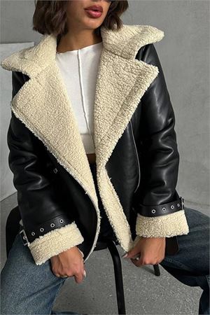 Neşeli butik kadın siyah deri içi kıvırcık biker ceket NBG049