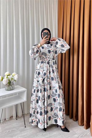 Neşeli butik kadın keten desenli tesettür elbise SMS002 - Siyah