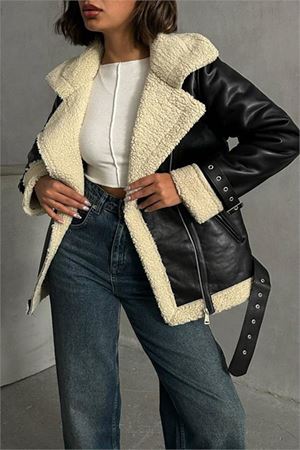 Neşeli butik kadın siyah deri içi kıvırcık biker ceket NBG049