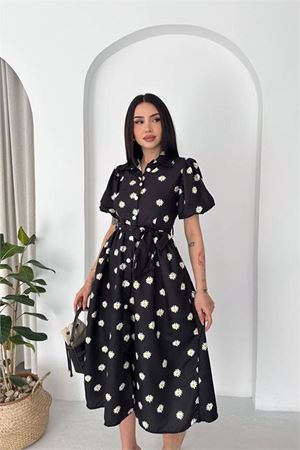 Neşeli butik kadın siyah gömlek yaka balon kol çiçek baskılı yazlık midi elbise -----NBK4617