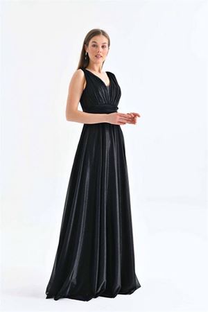 Neşeli butik kadın siyah v yaka simli tül abiye elbise NBS9223
