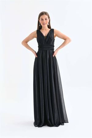 Neşeli butik kadın siyah v yaka simli tül abiye elbise NBS9223