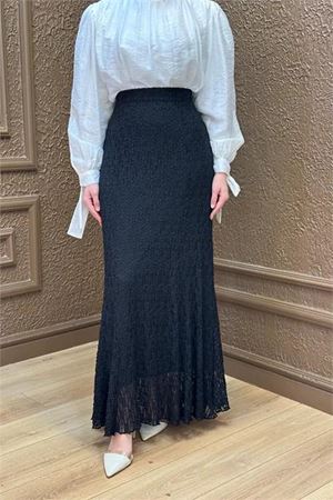 Neşeli butik kadın siyah dantel kumaş maxi boy tesettür etek