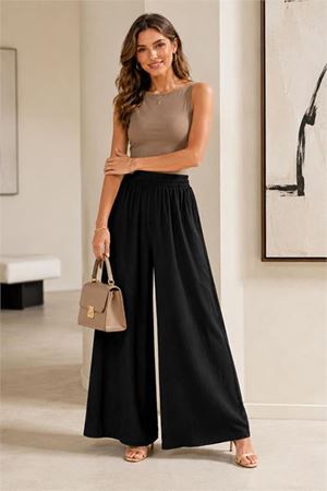 Neşeli butik kadın siyah bel lastikli rahat kalıp palazzo pantolon NBPNT002