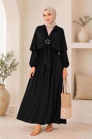 Neşeli butik kadın siyah pelerin detaylı gömlek yaka bel lastikli tesettür elbise NBELB014