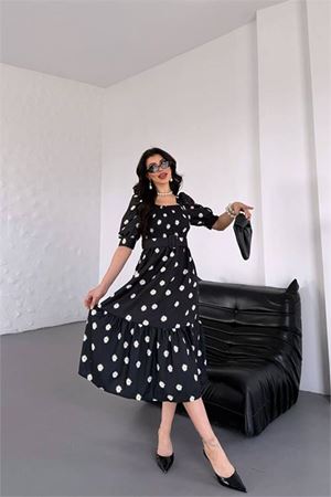 Neşeli butik kadın kemerli kare yaka çiçekli midi boy elbise NBKS4104