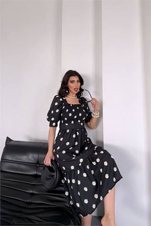 Neşeli butik kadın kemerli kare yaka çiçekli midi boy elbise NBKS4104