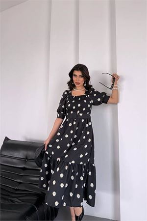Neşeli butik kadın kemerli kare yaka çiçekli midi boy elbise NBKS4104