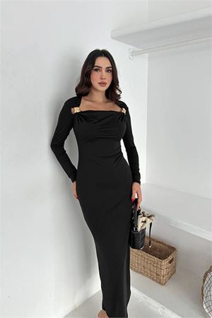 Neşeli butik kadın drapeli kayık yaka gold aksesuarlı elbise NBK4386