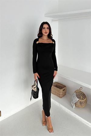 Neşeli butik kadın drapeli kayık yaka gold aksesuarlı elbise NBK4386