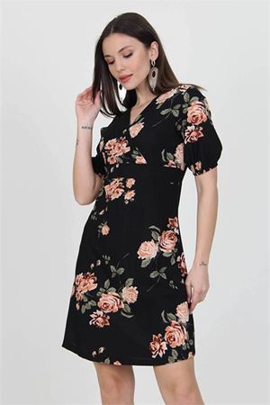 Neşeli butik kadın siyah kruvaze yaka örme krep mini elbise NB100221