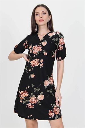 Neşeli butik kadın siyah kruvaze yaka örme krep mini elbise NB100221