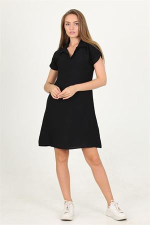 Neşeli butik kadın gömlek yaka kol detaylı midi boy ayrobin elbise LPTR10