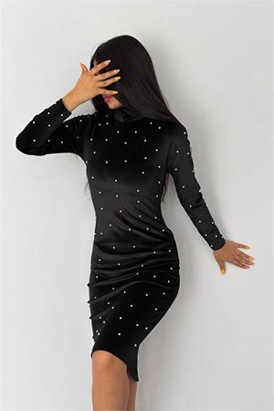 Neşeli butik kadın inci detaylı mini kadife elbise KKLF77 - Siyah