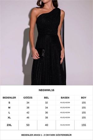 Neşeli butik kadın siyah tek omuz pilise detaylı simli tül kumaş abiye elbise NBSWLL16