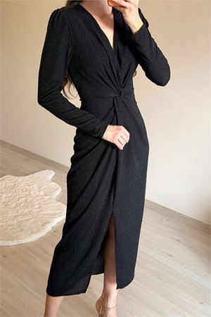 Neşeli butik kadın siyah bel büzgü detaylı yırtmaçlı midi boy abiye elbise NM027