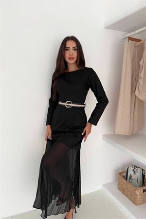 Neşeli butik kadın siyah piliseli etetek görünümlü tam boy kemer detaylı elbise NBK4342