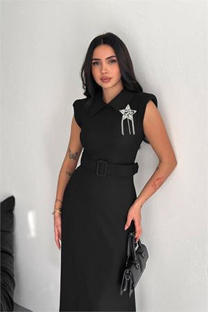 Neşeli butik kadın broş detaylı kemerli midi elbise NBK4114