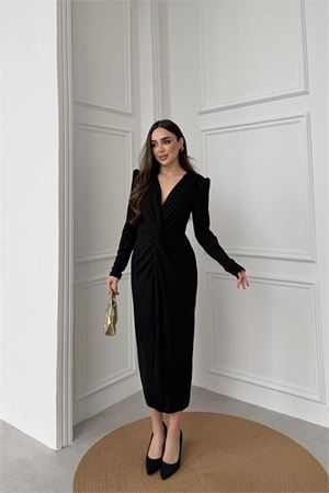 Neşeli butik kadın siyah anvelop büzgülü simli premium midi elbiseNBELB08