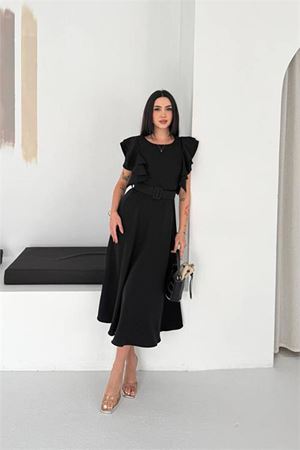 Neşeli butik kadın siyah kemer detaylı kol fırfırlı midi boy elbise NBK4559