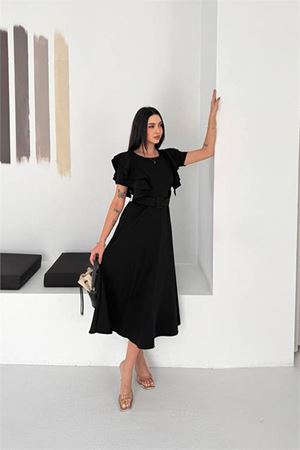 Neşeli butik kadın siyah kemer detaylı kol fırfırlı midi boy elbise NBK4559