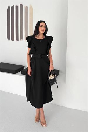 Neşeli butik kadın siyah kemer detaylı kol fırfırlı midi boy elbise NBK4559