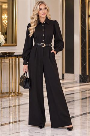 Neşeli butik kadın siyah balon kol kemerli gömlek yaka krep kumaş tulum NBK5006