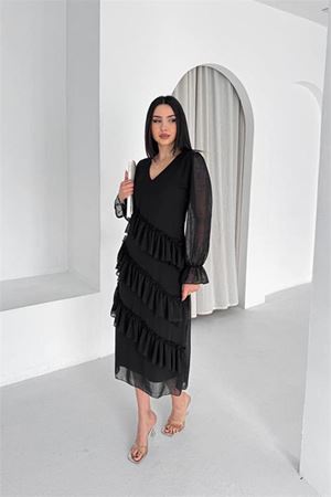 Neşeli butik kadın siyah V yaka kat kat fırfır detaylı midi boy şifon elbise NBK079