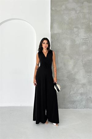 Neşeli butik kadın siyah kruvaze yaka kolsuz bel oturtmalı geniş paça uzun tulum NBK4675